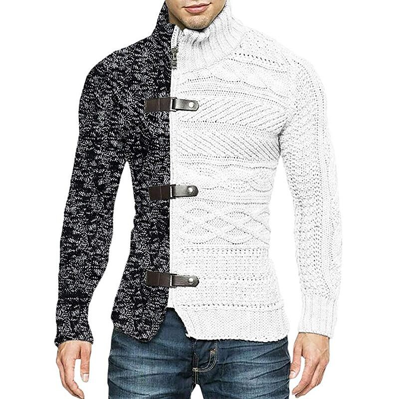  turtleneck sweater men's colorblock leather button long sleeve knit cardigan 