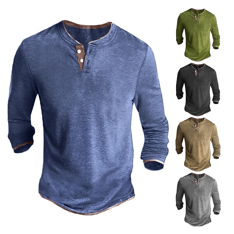 Men's Henley Shirt Tee Solid Color Henley Green Blue Khaki Gray Black Casual Holiday Long Sleeve Button-Down Clothing Apparel Fashion Designer Comfortable Essential