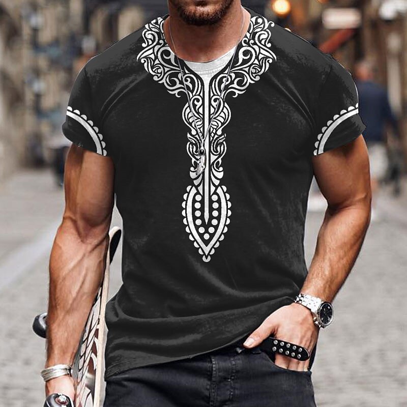 Men's Graphic Flocking Crew Neck  3D Print Short Sleeve  Ethnic T-shirt
