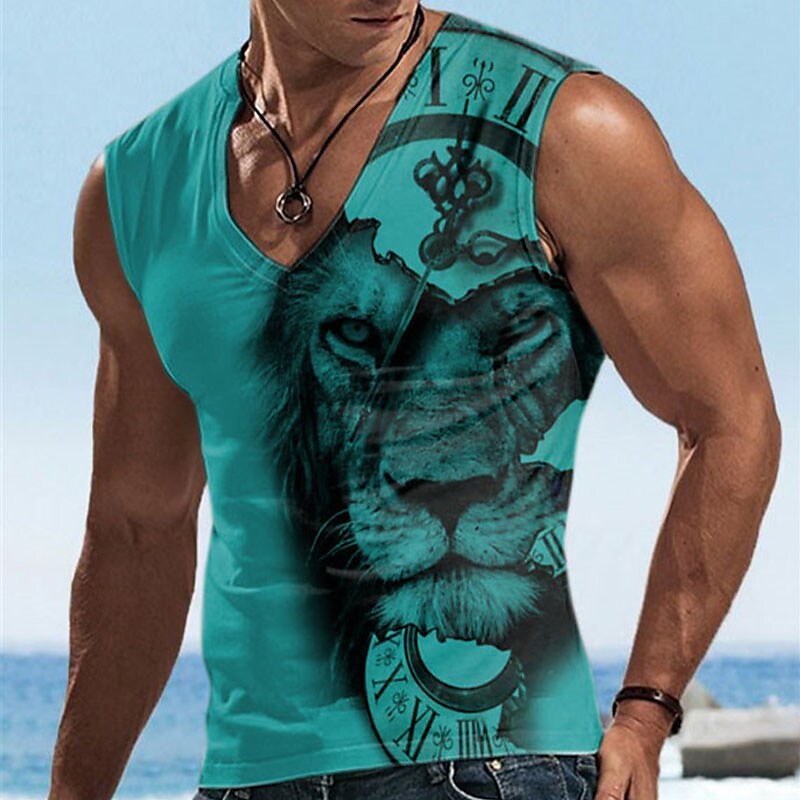 Men's Graphic Animal Lion V Neck 3D Print Sports Muscle  Vest