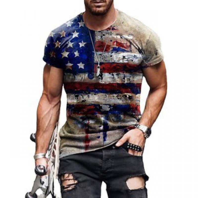 American Flag Print Men's Outdoor Zip Retro  Short Sleeve T-Shirt