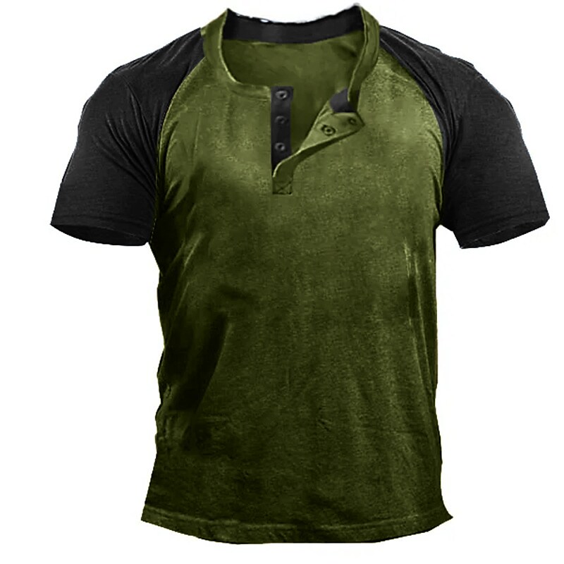 Men's Color Block Button-Down Short Sleeve Henley Shirt 