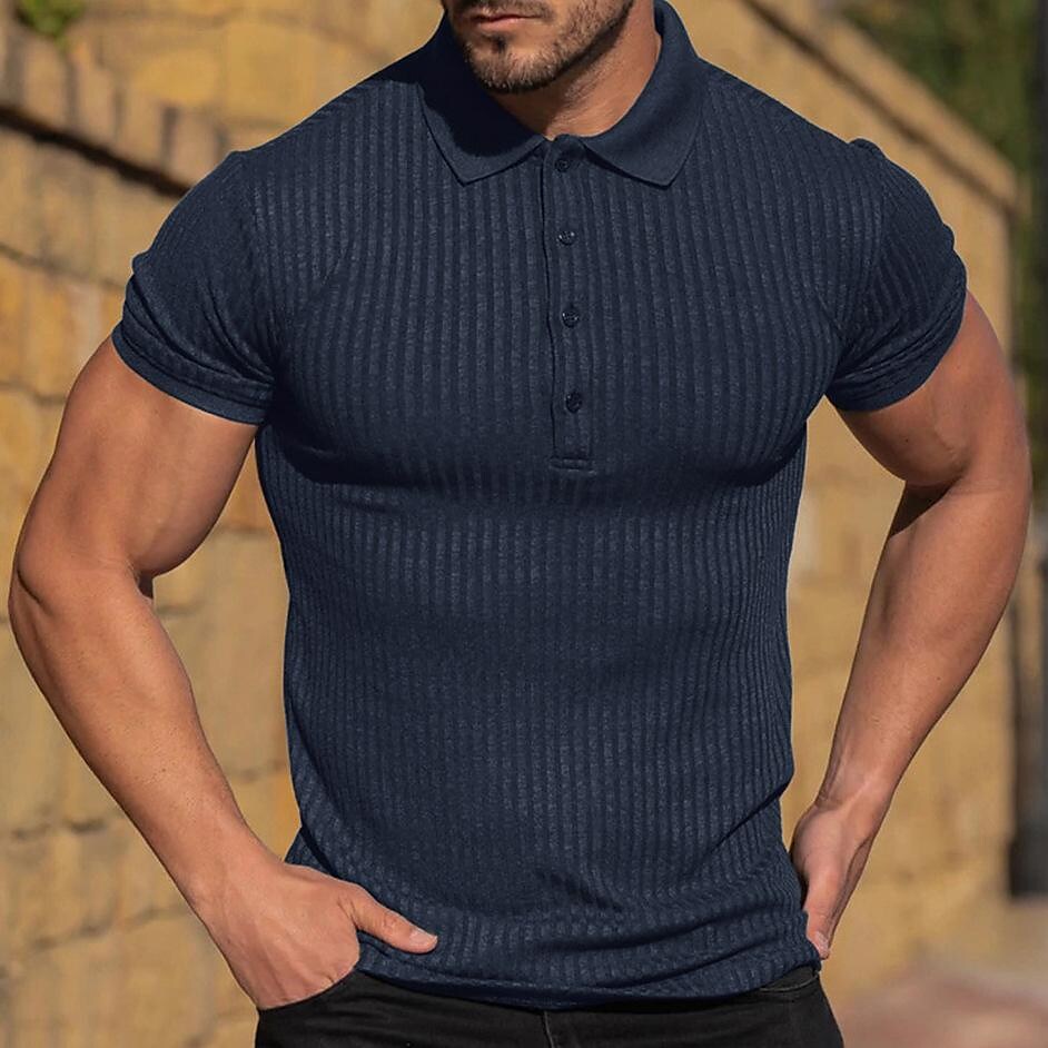 Men's Sports Fitness Leisure Stretch Vertical Strip Short-sleeved Polo Shirt Men