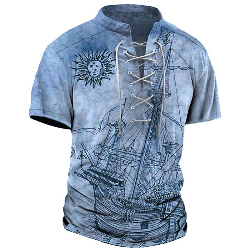 Men's T shirt Tee Graphic Ship Stand Collar Clothing Apparel 3D Print Daily Sports Short Sleeve Lace up Print Fashion Designer Vintage