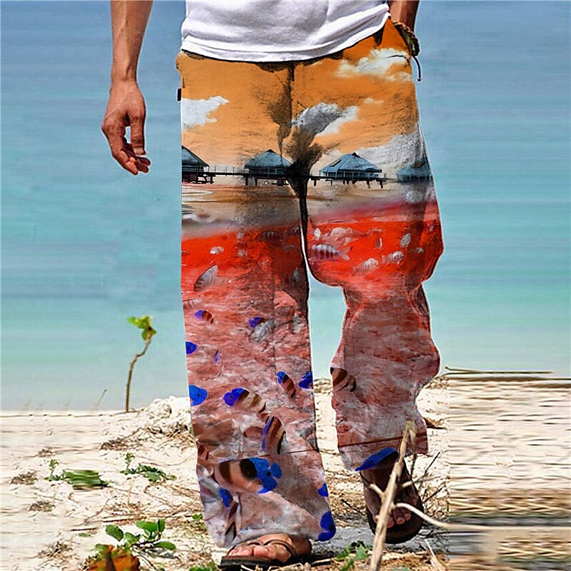 Men's  Drawstring Elastic Waist  Fish Casual  Hawaiian Summer Pants
