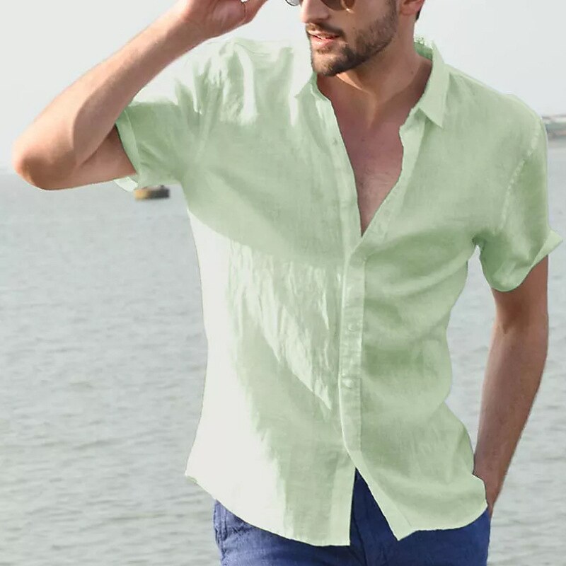Men's Linen Shirt Shirt Solid Color Collar Black White Blue Green Gray Street Daily Short Sleeve Clothing Apparel Casual Breathable Comfortable Henley