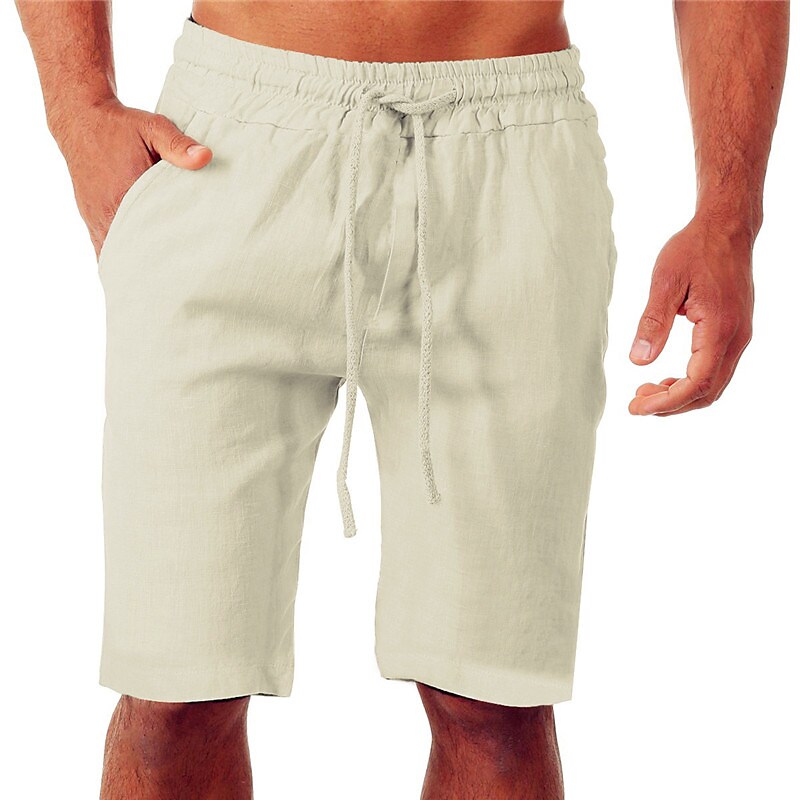 Men's Side Pockets Drawstring Moisture Wicking Yoga Fitness Gym  Loose Linen Shorts 