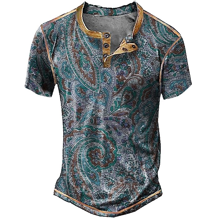 Men's Vintage Comfort Casual Paisley Print Henley Shirt