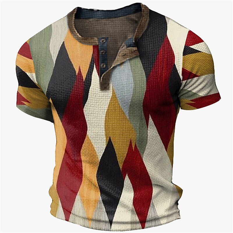 Men's Waffle Graphic Color Block Rhombus Short Sleeve Button Basic Henley Shirt 