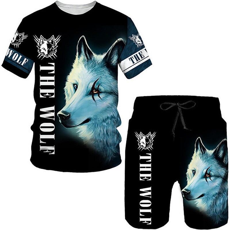 Men's  Wolf Crew Neck Short Sleeve  Shorts and T-Shirt Set 2 Piece