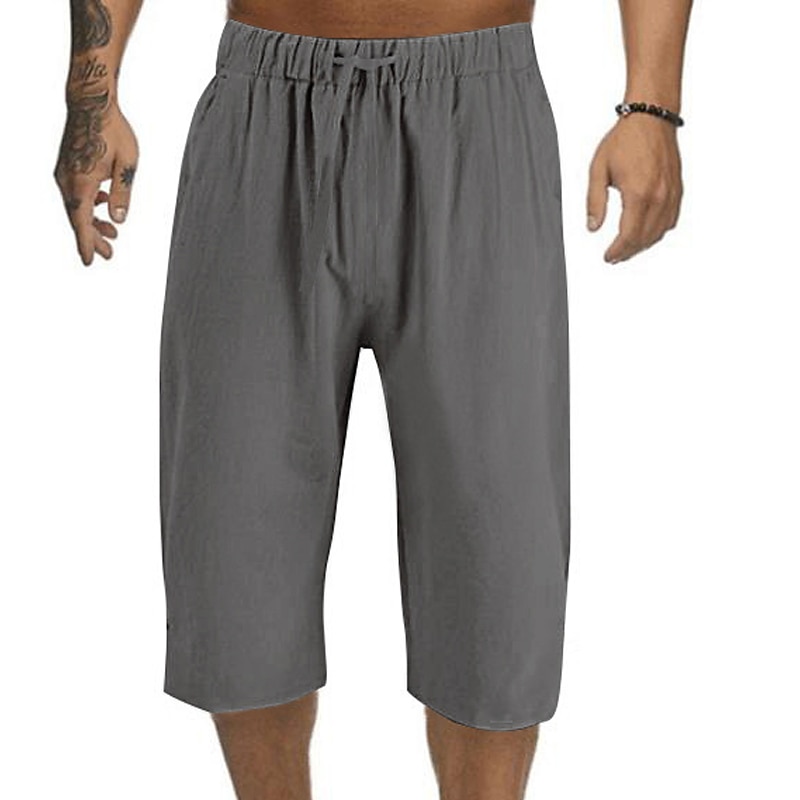 Men's Summer Capri Drawstring Elastic Waist Plain Comfort Outdoor Daily Linen Shorts 