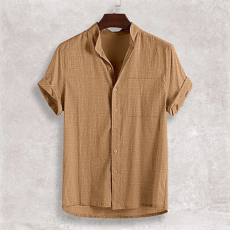Men's Linen Shirt Casual Shirt Henley Shirt Black White Yellow Short Sleeve Plain Henley Spring & Summer Hawaiian Holiday Clothing Apparel Front Pocket