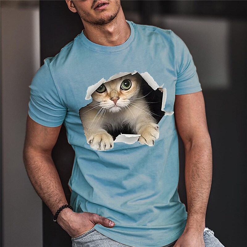 Men's  Animal Cat Crew Neck  Short Sleeve T-shirt
