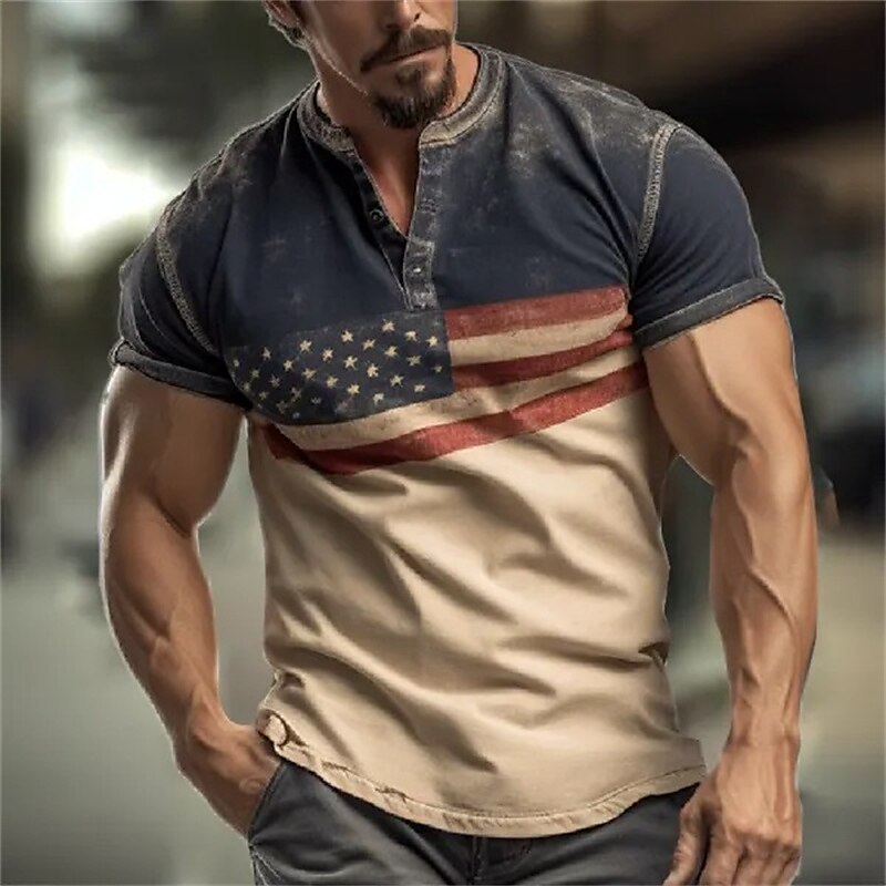 Men's National Flag Outdoor Fashion Designer Comfortable Breathable Print Short Sleeve Henley Shirt