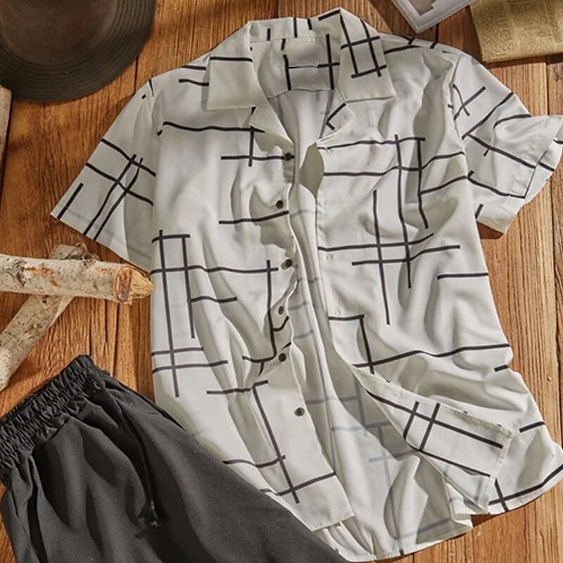 Men's Shirt Graphic Prints Geometry Cuban Collar Black White Blue Outdoor Casual Short Sleeve Print Clothing Apparel Sports Fashion Streetwear Designer