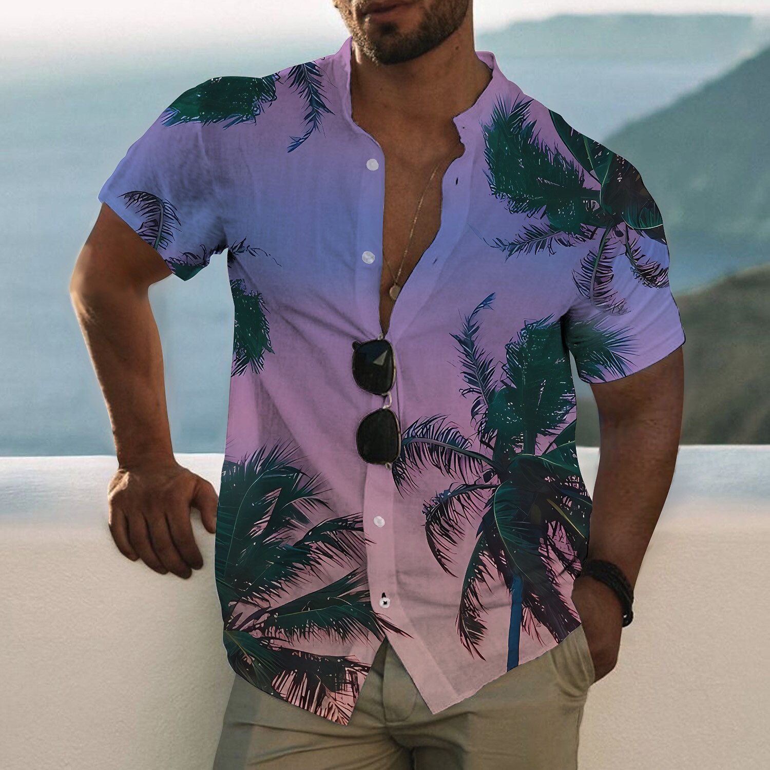 Men's Outdoor Hawaiian Casual Fashion Breathable Comfortable Light Print Short Sleeve Shirt
