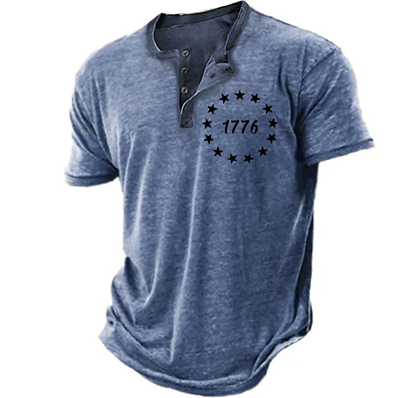 Men's Star Number   Button-Down Short Sleeve Henley Shirt 
