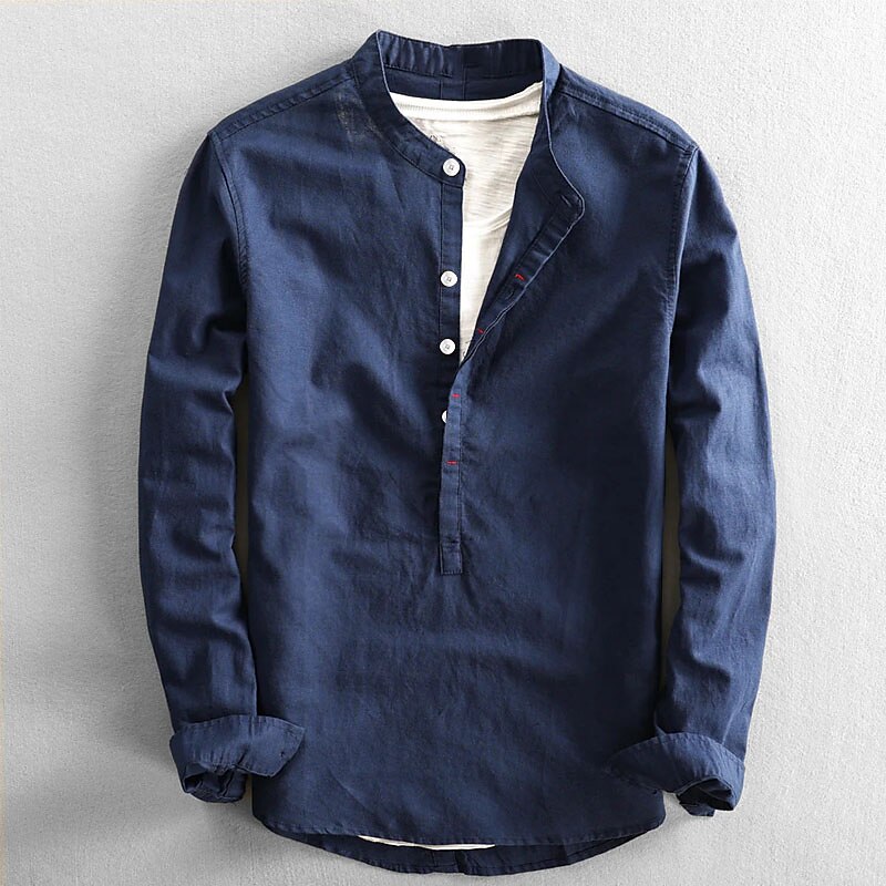 Men's Linen Shirt Henley Shirt Summer Shirt Casual Shirt White Dark Blue Light Sky Blue Long Sleeve Plain Collar Spring & Summer Casual Daily Clothing Apparel
