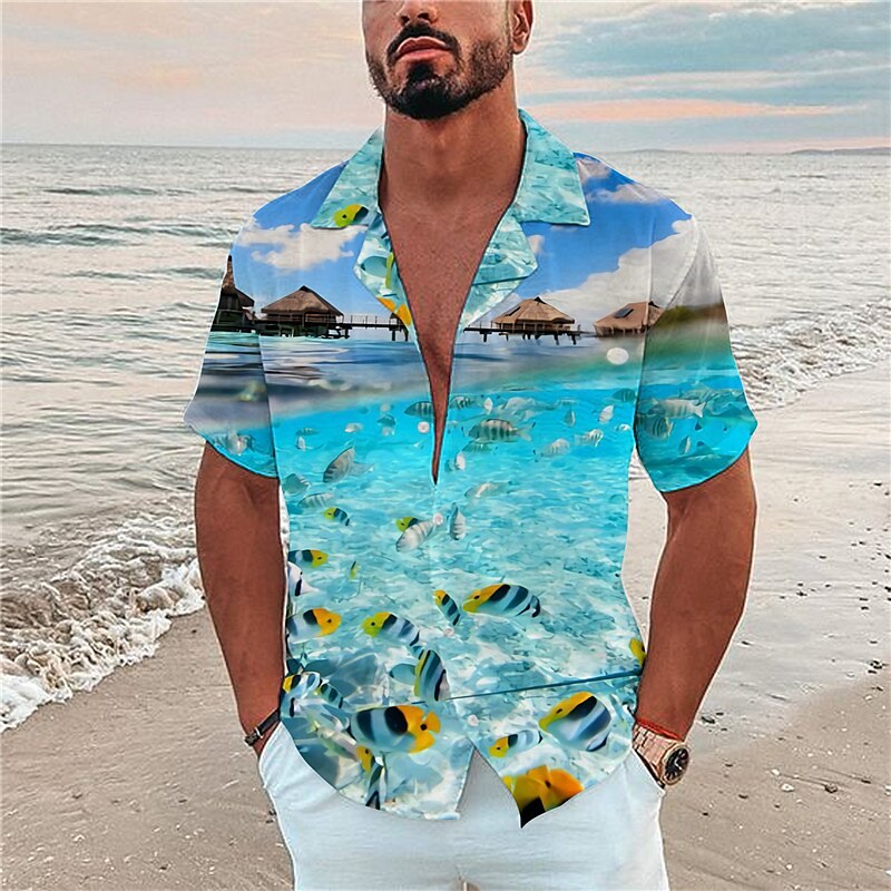 Men's Outdoor Holiday Casual Hawaiian Fashion Breathable Comfortable Light Print Short Sleeve Shirt