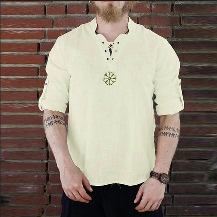 20212021 cross-border wish cross-border cotton and linen fashion embroidered long-sleeved stand-up collar shirt t-shirt men's sleeves long-sleeved t-shirt