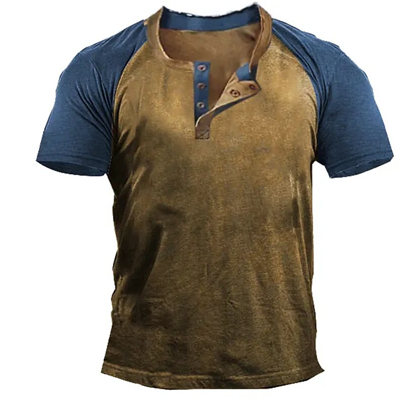 Men's Color Block Button-Down Short Sleeve Henley Shirt 