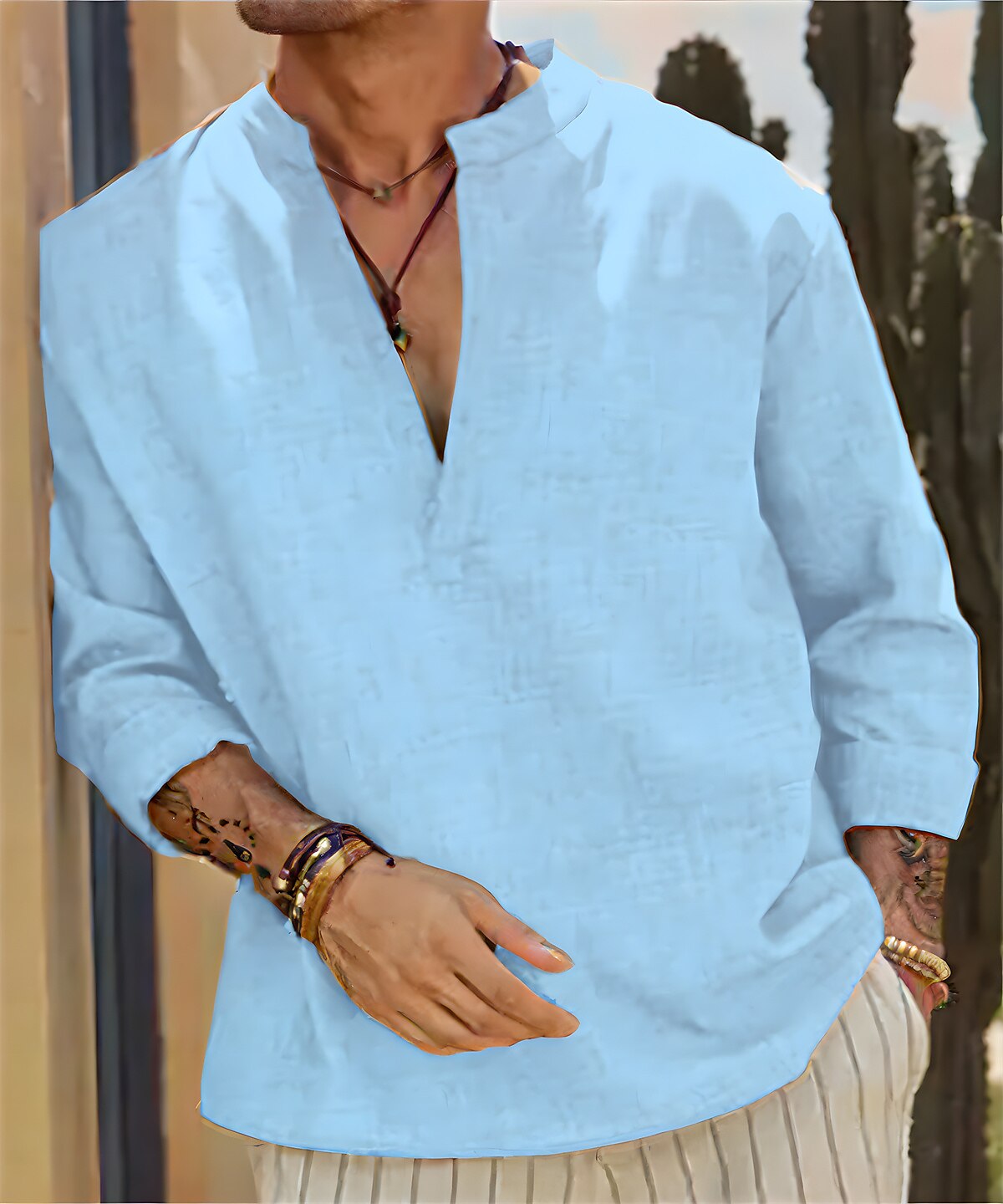 Men's Outdoor Beach Hawaiian Holiday Breathable Comfortable Light Plain Stand Collar Long Sleeve Shirt