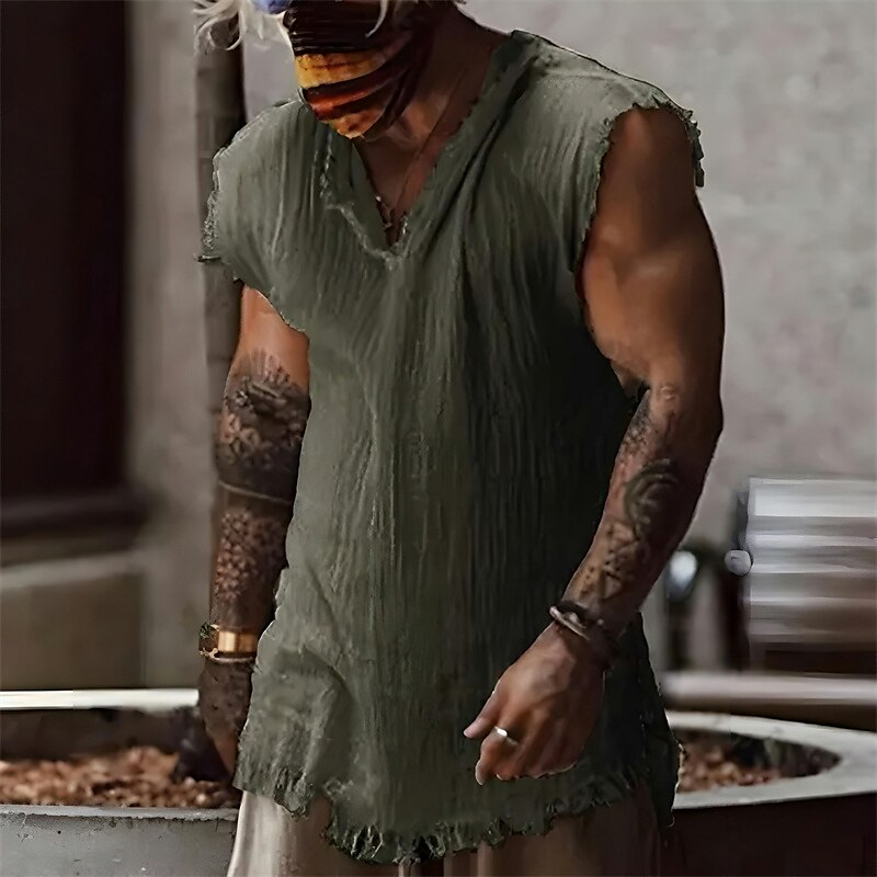 Men's Beach   Sleeveless Plain V Neck Hawaiian  Linen Shirt 