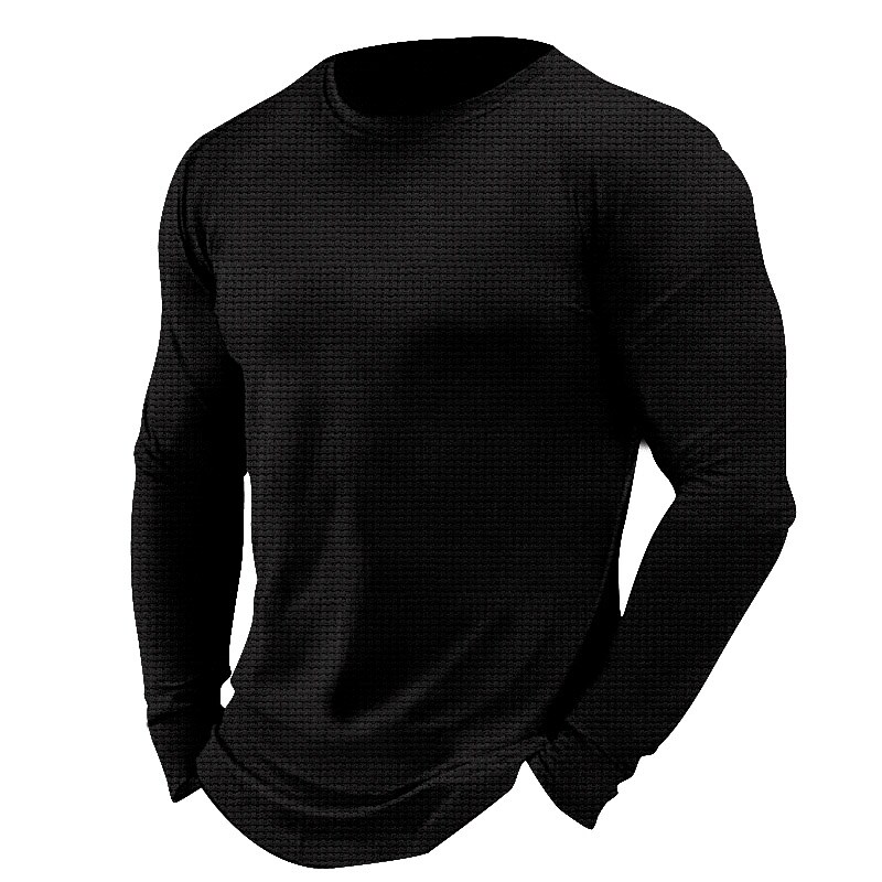Men's Casual Home Sport Outdoor Breathable Stretch Comfortable Round Neck Waffle Plain Long Sleeve Shirt
