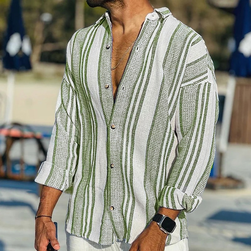 Men's Casual Summer Beach Long Sleeve Striped Turndown Button Up Shirt