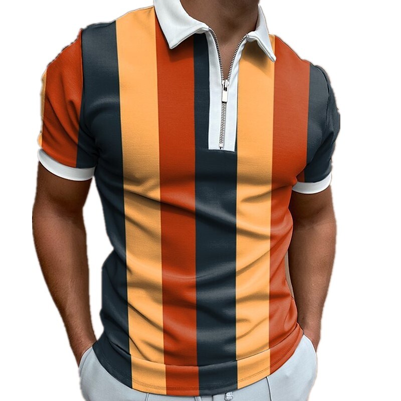 Men's Golf Shirt Striped Zipper Print Short Sleeve Street Regular Fit ...