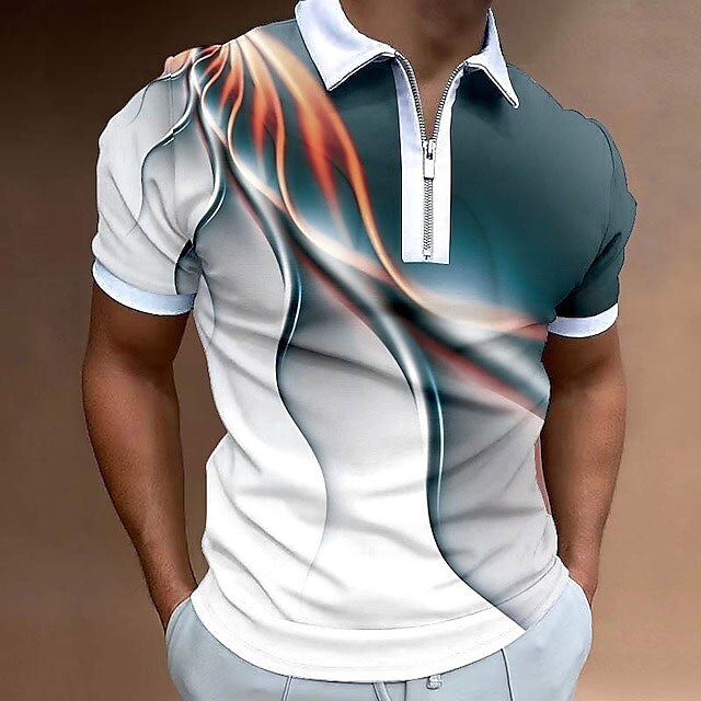 Men's Gradient Turndown 3D Print Outdoor Zipper Short Sleeves Polo Shirt