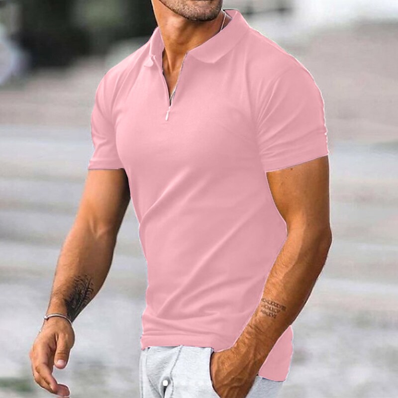 Men's Zip Quarter Plain Short Sleeve Polo Shirt 