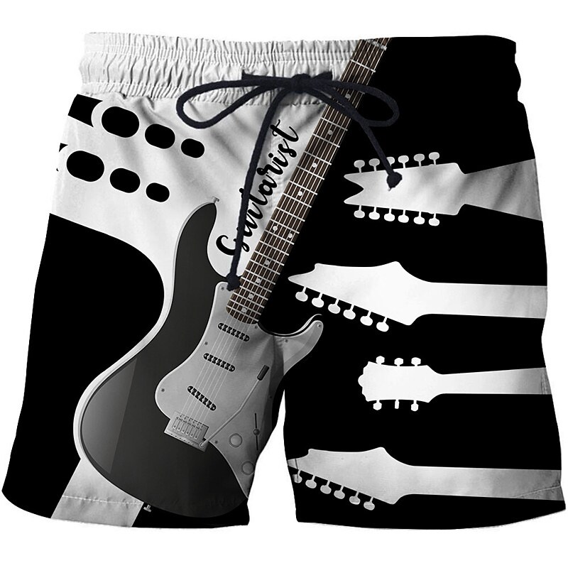 Men's Guitar Beach  Pocket Drawstring Elastic Waist Hawaiian Swim Shorts