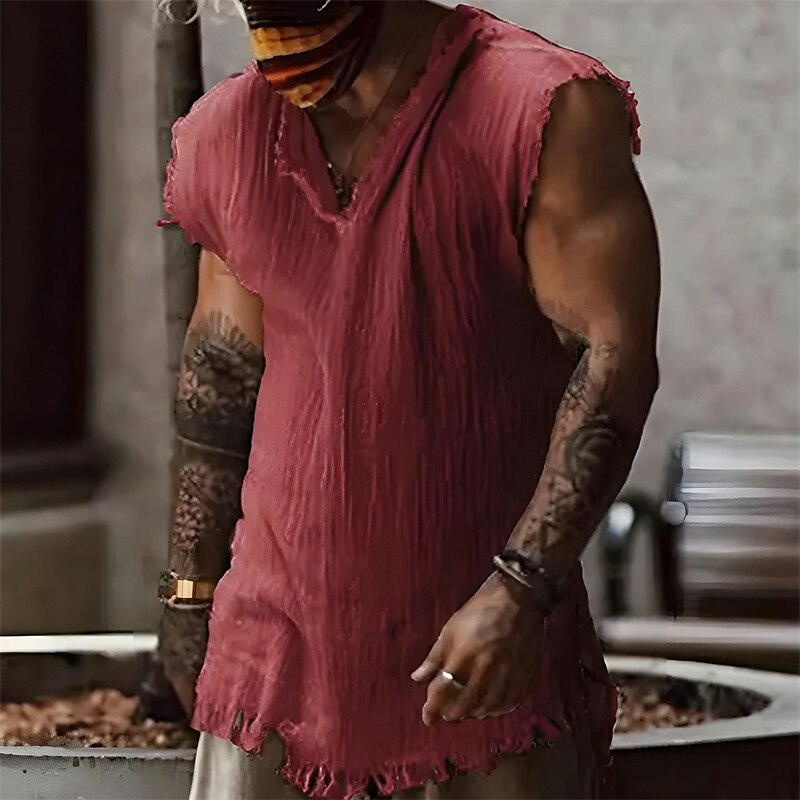 Men's Beach   Sleeveless Plain V Neck Hawaiian  Linen Shirt 