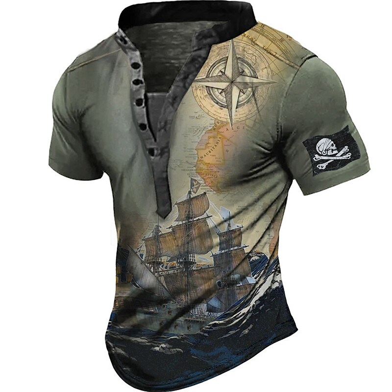 Men's Graphic Ship Compass Stand Collar 3D Print Button Short Sleeve Henley Shirt