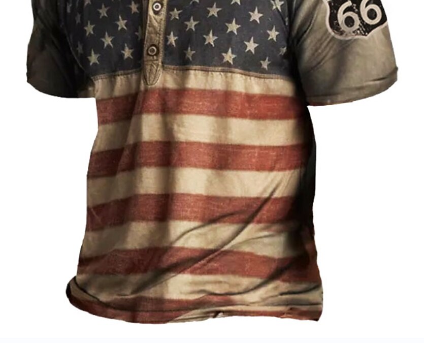 Men's Vintage American Flag Graphic Print Henley Collar T-Shirt