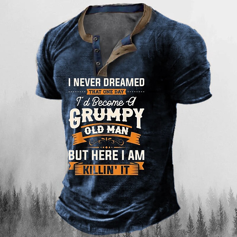 Men's Graphic Letter Printed  Button-Down Short Sleeve Henley Shirt 