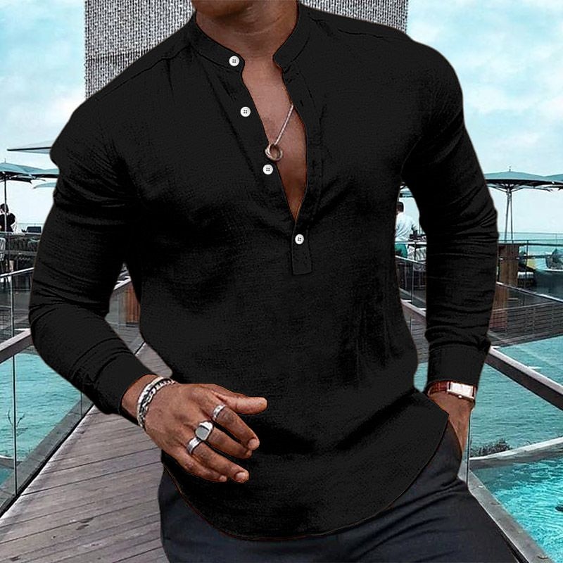 Men's Linen Casual Summer Beach Plain Casual Daily Long Sleeve Henley Shirt