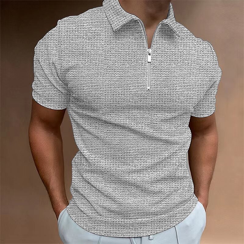 Men's Waffle Outdoor Golf Street Casual Breathable Comfortable Light Plain Zipped Short Sleeve Polo Shirt