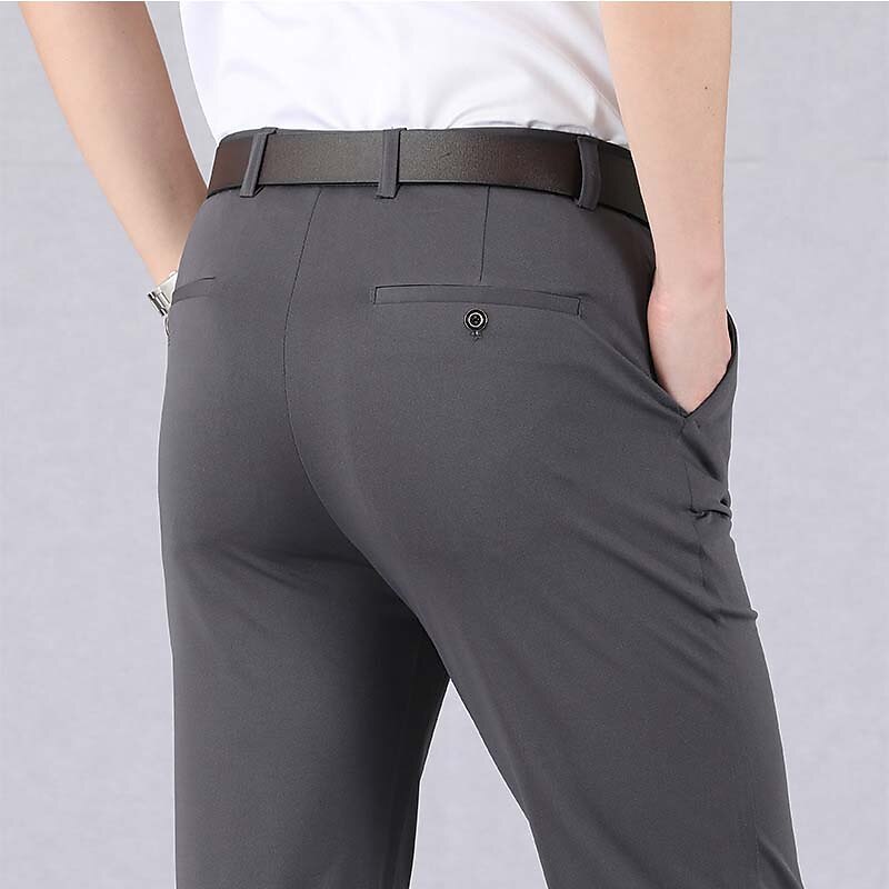 Men's Dress Pants Trousers Casual Pants Pocket Elastic Waist Straight Leg Plain Stretch Wedding Office Business Stylish Formal Black Wine High Waist Micro-elastic