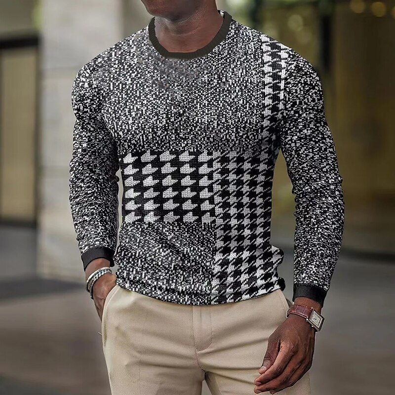 Men's Waffle  Graphic Color Block Crew Neck 3D Print Outdoor Casual Long Sleeve T-Shirt