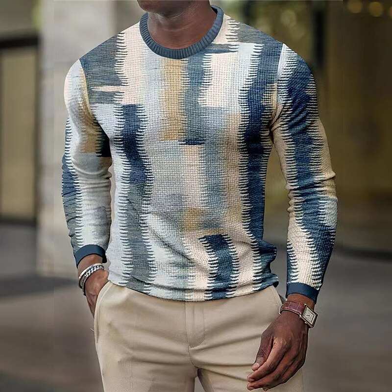 Men's Waffle  Graphic Color Block Crew Neck 3D Print Outdoor Casual Long Sleeve T-Shirt