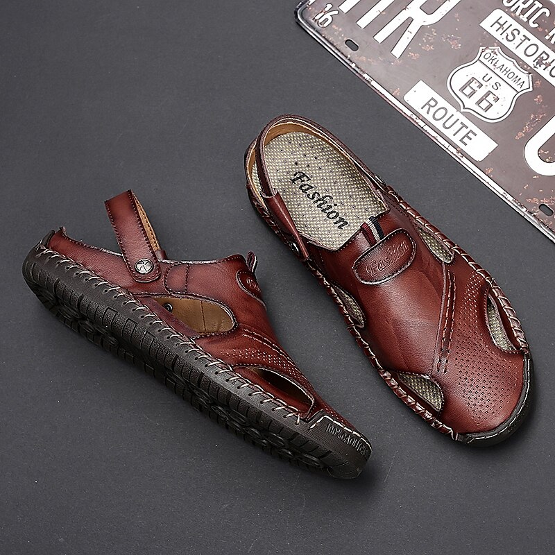 Men's Sandals Comfort Shoes Slingback Sandals Casual Outdoor Daily Upstream Shoes Cowhide Breathable Waterproof Non-slipping Light Brown Dark Brown Black Summer