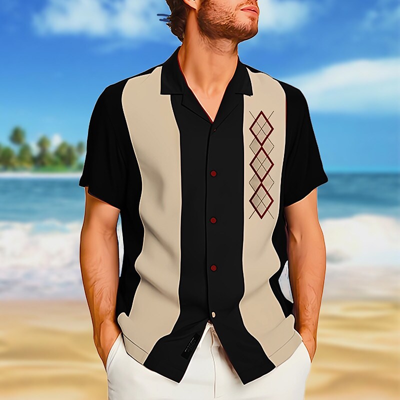 Men's Graphic Prints Geometry Cuban Collar Button-Down Short Sleeve Hawaiian Shirt 