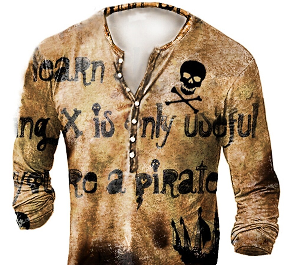 Men's Halloween Skull Vintage Henley Long Sleeve T-Shirt