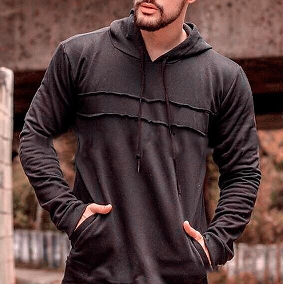 new autumn and winter new fashion casual solid color stitching rope long-sleeved hoodie men