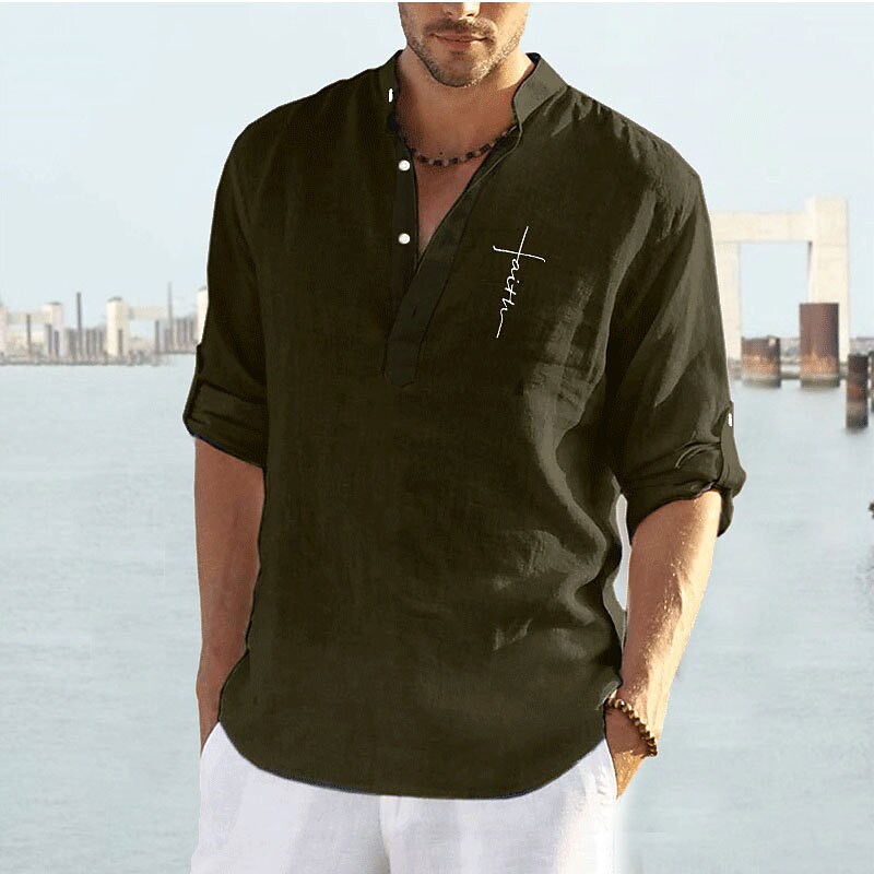 Men's Shirt Plain Collar Stand Collar Casual Daily Long Sleeve Tops Cotton Simple Soft Breathable Comfortable Green White Black Vacation  Holiday Beach Summer Shirt