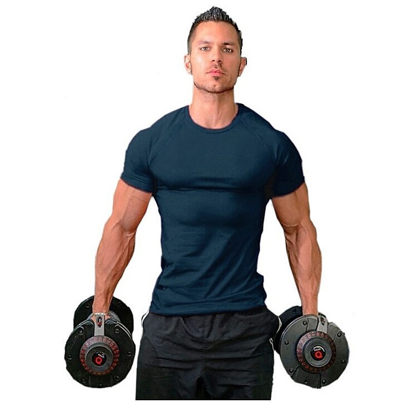 Men Muscle Tee T Shirt Stretch Short Sleeve Crew Neck Bodybuilding Workout Basic Daily Tops Navy White Wine Red