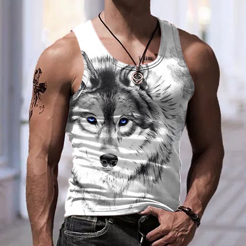 Men's Wolf Crew Neck Clothing Apparel 3D Print Sleeveless Vest Top 
