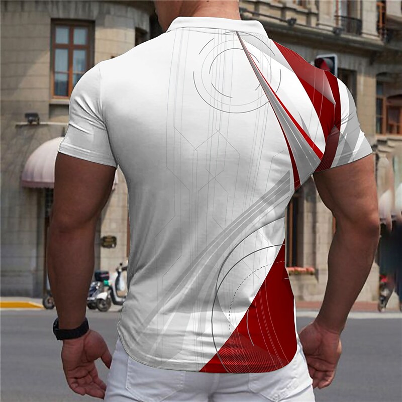 Men's Golf Shirt 3D Print Linear Turndown Casual Daily Zipper Print Short Sleeve Tops Designer Casual Fashion Breathable Blue Gray Red / Sports